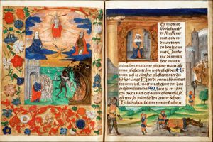 The Last Judgement: Christ on a rainbow with Mary and St. John; St. Peter receives the blessed in heaven, the damned are thrown into hell