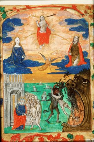 The Last Judgement: Christ on a rainbow with Mary and St. John; St. Peter receives the blessed in heaven, the damned are thrown into hell