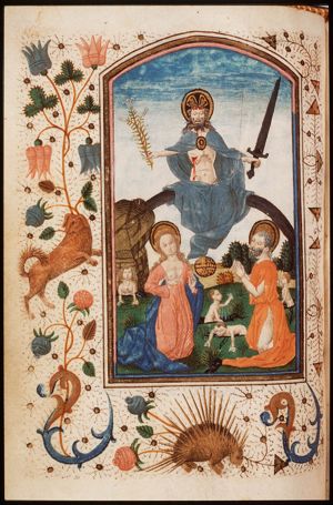 The Last Judgement: Christ on a rainbow raises the dead in the presence of Mary and St. John the Baptist