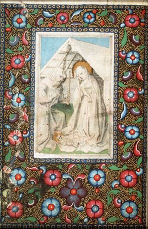 The Nativity: the adoration of the Christ-child by Mary and St. Joseph who is holding a candle