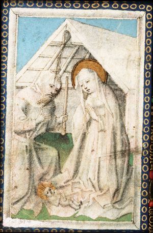 The Nativity: the adoration of the Christ-child by Mary and St. Joseph who is holding a candle