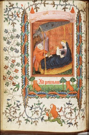 The Nativity: Mary lies in bed holding the Christ-child, St. Joseph offers a meal