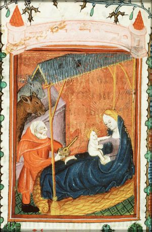 The Nativity: Mary lies in bed holding the Christ-child, St. Joseph offers a meal