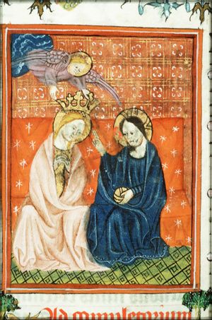 The coronation of Mary by an angel in the presence of Christ