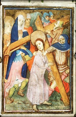 The carrying of the cross: Christ bears the cross with the help of Symon the Cyrenian