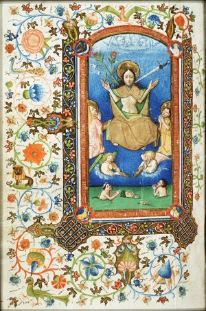 The Last Judgement: Christ on a rainbow raises the dead in the presence of Mary and St. John the Baptist; the symbols of the four Evangelists; trumpeting angels