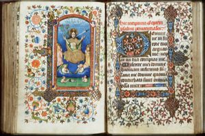 The Last Judgement: Christ on a rainbow raises the dead in the presence of Mary and St. John the Baptist; the symbols of the four Evangelists; trumpeting angels