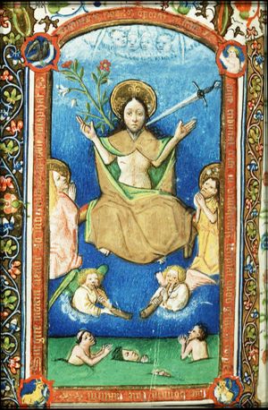 The Last Judgement: Christ on a rainbow raises the dead in the presence of Mary and St. John the Baptist; the symbols of the four Evangelists; trumpeting angels