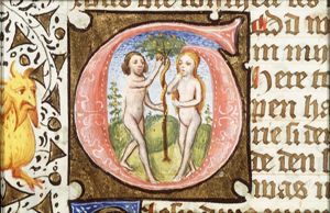 The fall of man: Eve eats from the Tree of Knowledge of Good and Evil in the presence of Adam