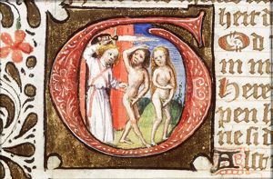 The expulsion of Adam and Eve from paradise by an angel with a sword