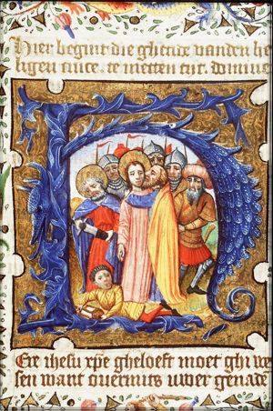 The arrest of Christ: the kiss of Judas; the ear of Malchus cut off by St. Peter
