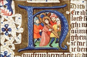 The carrying of the cross: Christ bears the cross with the help of Simon the Cyrenian