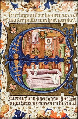 The Instruments of the Passion: cock on column, coin, column, cross, crown of thorns, dice, hand, jar with vinegar, jug and basin, ladder, lance, lantern, nails, ointment-jar, pincers, reed, scourge, seamless garment, shroud, sponge, sudarium, sword