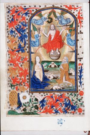 The Last Judgement: Christ on a rainbow raises the dead in the presence of Mary and St. John the Baptist, four angels holding the instruments of the Passion