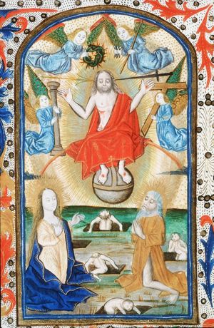 The Last Judgement: Christ on a rainbow raises the dead in the presence of Mary and St. John the Baptist, four angels holding the instruments of the Passion