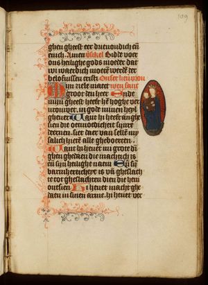 Madonna: Mary <standing> on the crescent, holding the Christ-child