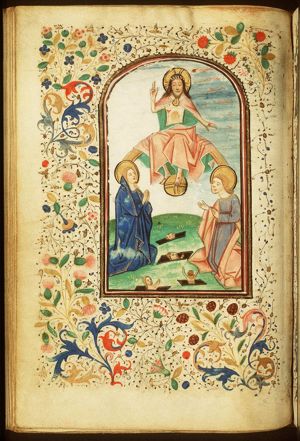 The Last Judgement: Christ on a rainbow raises the dead in the presence of Mary and St. John the Baptist