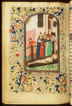 The martyrdom of St. Erasmus of Formiae: his bowels are wound on to a windlass