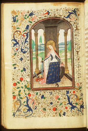 St. Catherine of Alexandria holding a sword and a wheel, with Emperor Maxentius at her feet