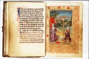 St. Jerome as penitent in the desert, kneeling in front of a crucifix; a patron with two coats of arms