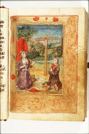 St. Jerome as penitent in the desert, kneeling in front of a crucifix; a patron with two coats of arms