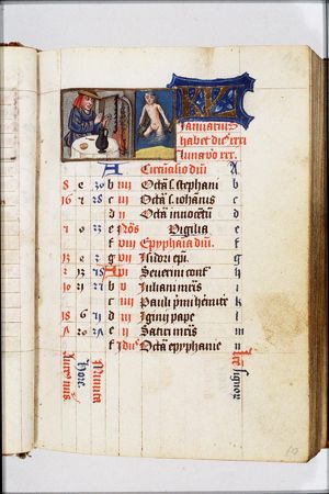 January: a man warming himself at a fire; Aquarius