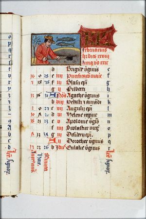 February: a man with a spade; Pisces
