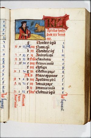 April: a man with a branch of a palm; Taurus