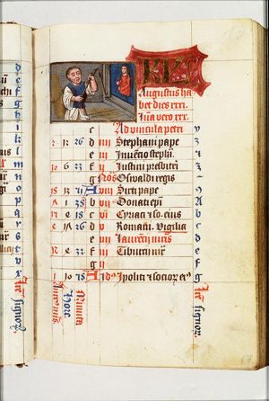August: a man threshing; Virgo