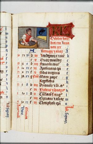 October: a man treading grapes; Scorpio