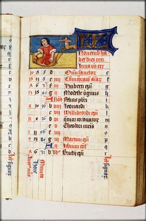 November: a man slaughtering a pig; Sagittarius