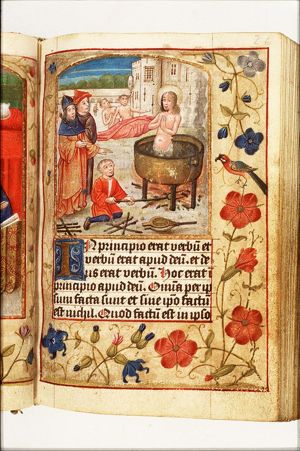 The martyrdom of the evangelist St. John: he is put in a cauldron of boiling oil
