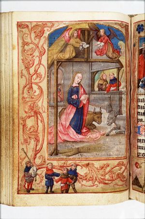 The Nativity: the adoration of the Christ-child by Mary and angels; St. Joseph drying napkins(?) (background)