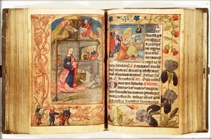 The Nativity: the adoration of the Christ-child by Mary and angels; St. Joseph drying napkins(?) (background)