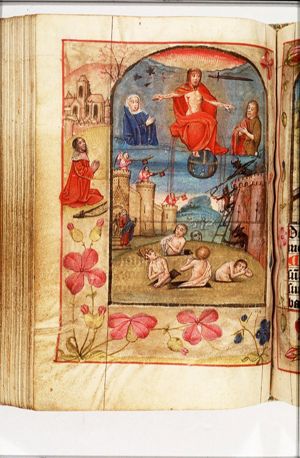 The Last Judgement: Christ on a rainbow raises the dead in the presence of Mary and St. John the Baptist; heaven as a castle with trumpeting angels and hell as a castle with devils
