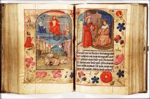 The Last Judgement: Christ on a rainbow raises the dead in the presence of Mary and St. John the Baptist; heaven as a castle with trumpeting angels and hell as a castle with devils