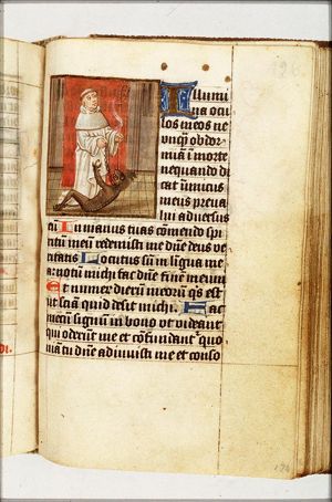 St. Bernard of Clairvaux holding a crozier, chaining the devil