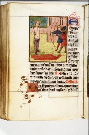 The martyrdom of St. Sebastian: tied to a tree, he is pierced by arrows