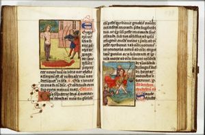 The martyrdom of St. Sebastian: tied to a tree, he is pierced by arrows