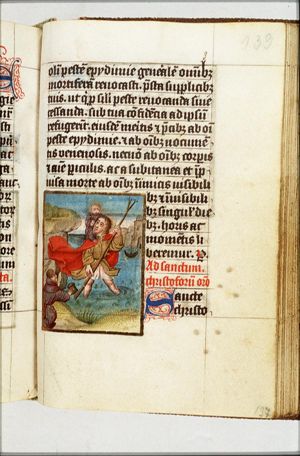St. Christopher carries the Christ-child, a hermit guiding him with a lamp