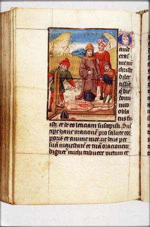 The martyrdom of St. Erasmus of Formiae: his bowels are wound on to a windlass