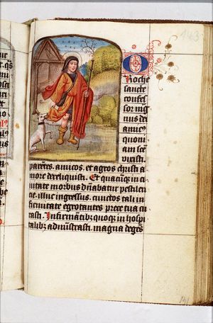 St. Roch of Montpellier holding a staff, with a dog with a loaf in its mouth, showing the plague-spot inside his thigh