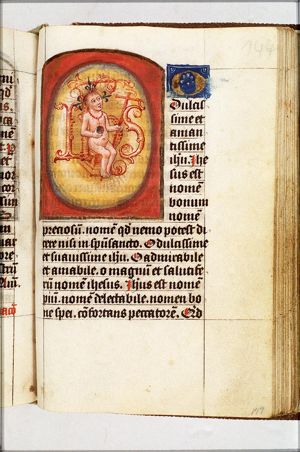 The Christ-child holding a cross and an orb; IHS monogram