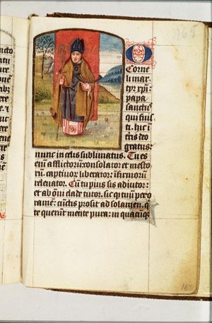 St. Cornelius, Bishop of Rome, holding a crozier and a hunting horn