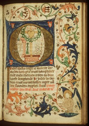 The Sacred Heart and Instruments of the Passion; the Holy Wounds: hands and feet (corners)