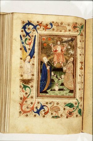 The Last Judgement: Christ on a rainbow raises the dead in the presence of Mary and St. John the Baptist