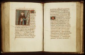 St. Alexis holding a book, a staircase beside him