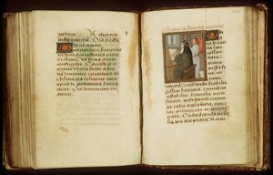 St. Bridget of Sweden at her writing-desk, receiving the dictation of an angel