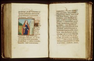 St. Barbara holding a book and a palm, a tower beside her