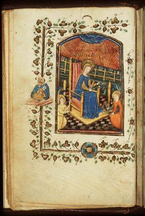 Mary in the temple, seated at the weaving-loom